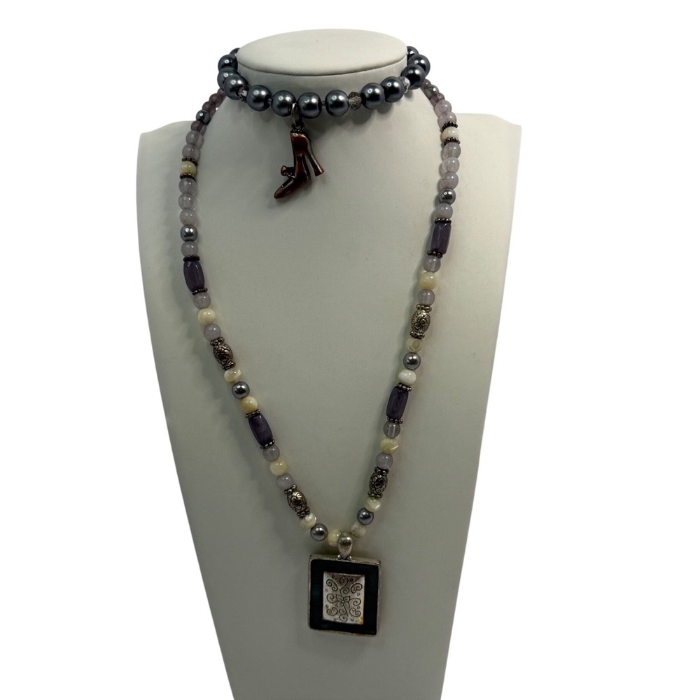 Vintage Beaded‎ Pendant Necklace & Grey Pearl High Heel Charm Bracelet Set Boho